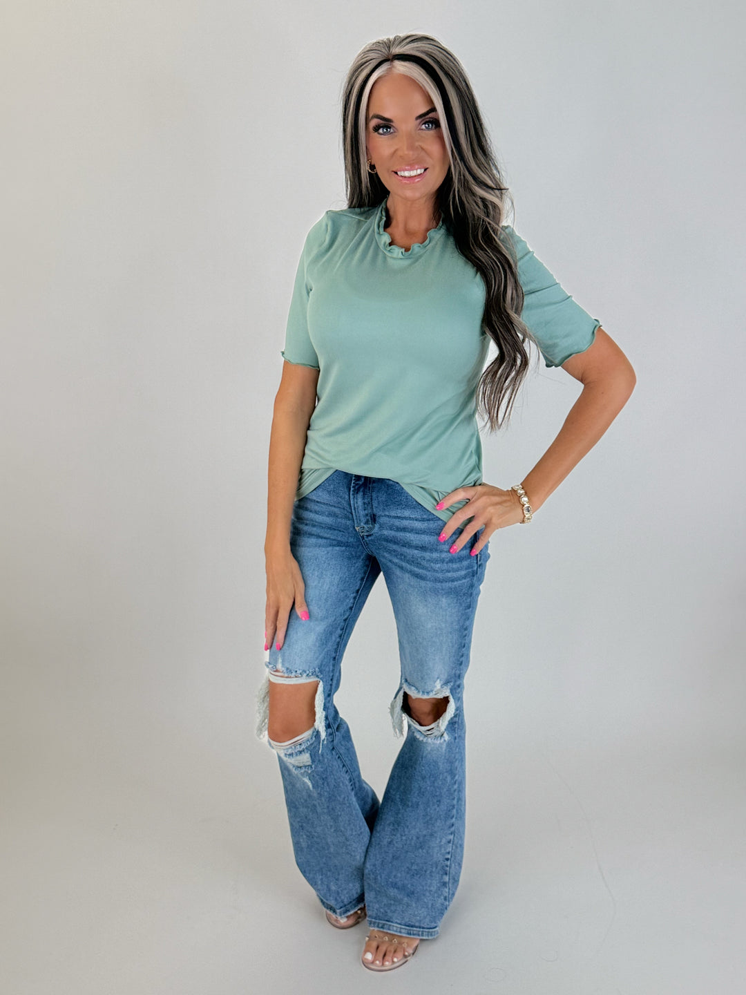 Sage Ruffle Neck Top