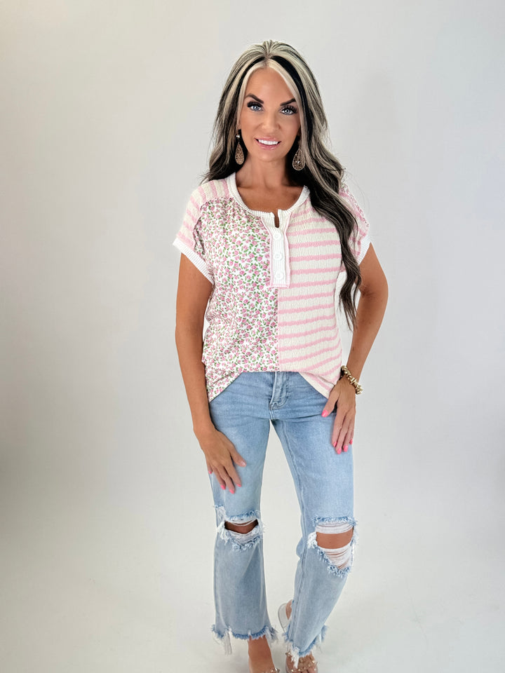 Blushing Garden Mixed Print Henley Top