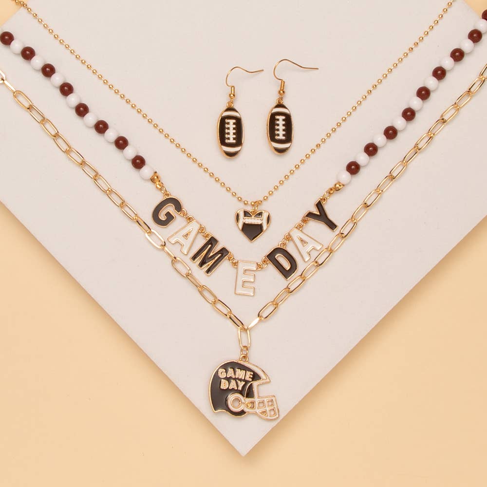 Game Day Football Heart Necklace Earring Set: White Burgundy