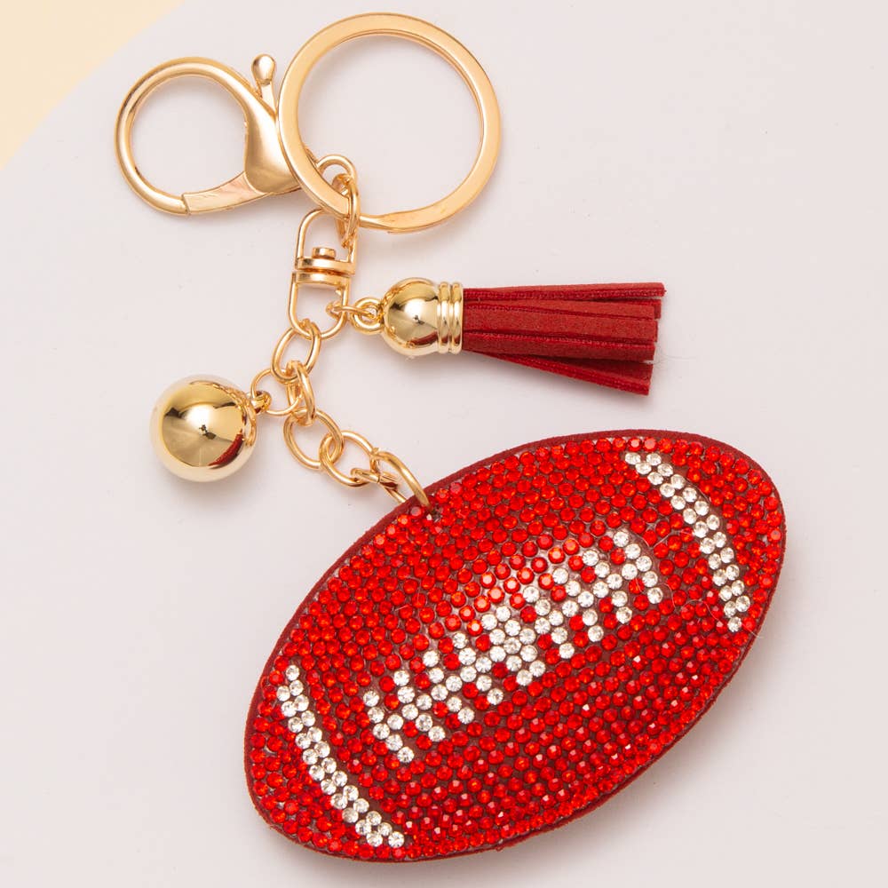Gameday Rhinestone Pave Tassel Football Keychain: Red
