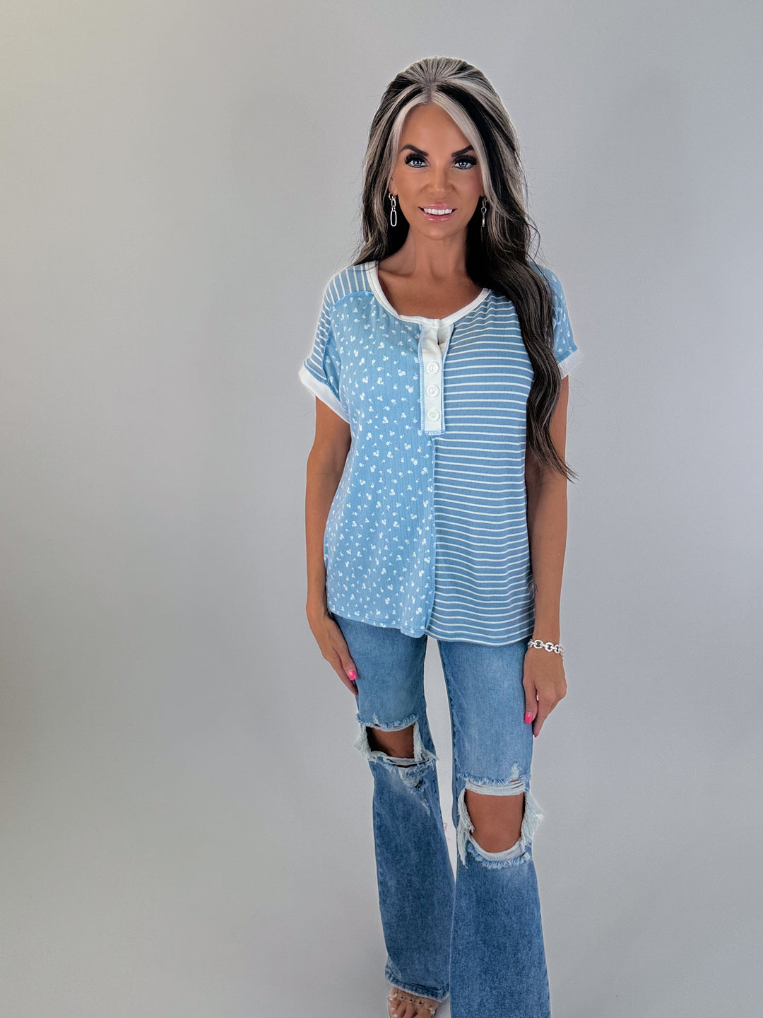 Sweet Mixed Print Henley Top