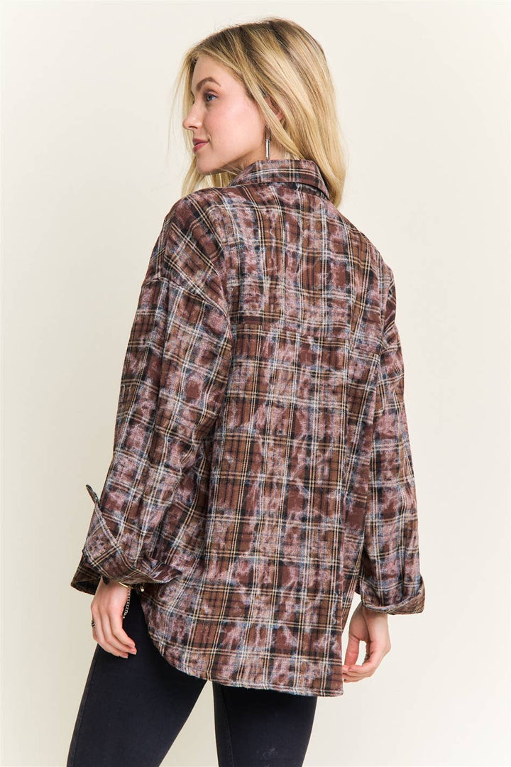 BURNOUT PLAID WASHED-LOOK SHIRT: Brown