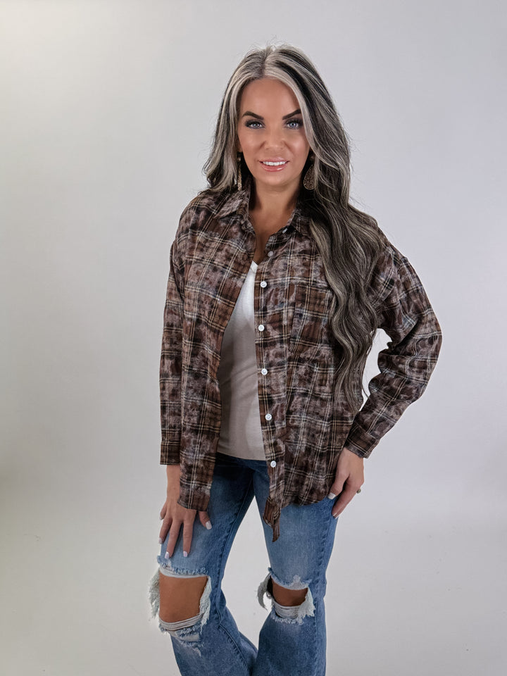 BURNOUT PLAID WASHED-LOOK SHIRT: Brown