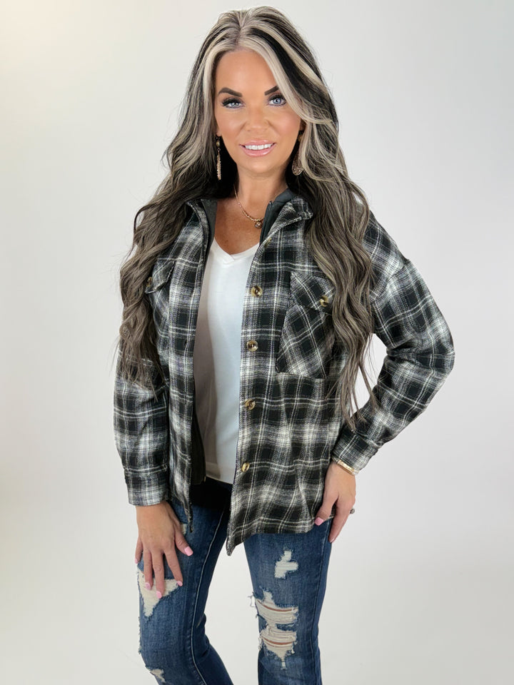 FRENCH TERRY PLAID JACKET: BLACK